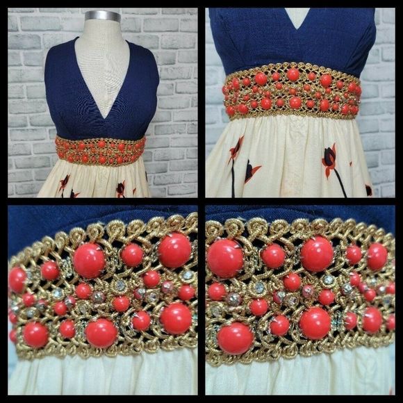Vintage 60s 70s Union Made Maxi Dress Navy Orange Floral Skirt Beaded Waist - Picture 9 of 12